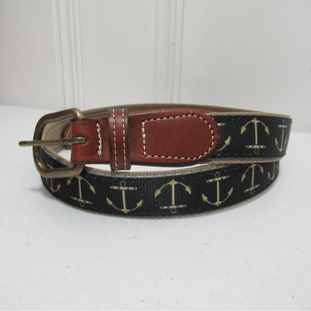 Croakies Nautical Anchor Print Canvas and Leather Belt Size 34
